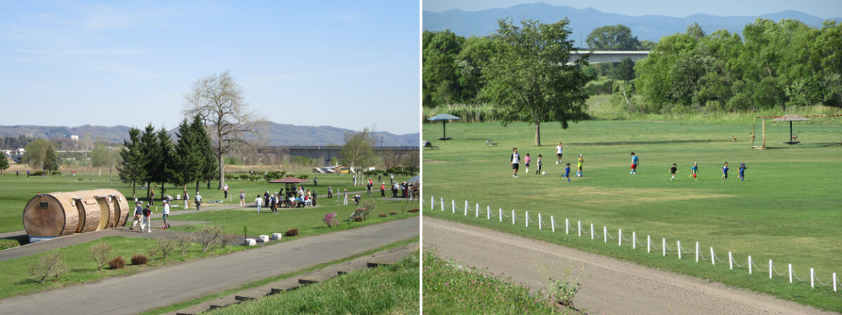 左）北見運動公園（パークゴルフ場）　右）北見運動公園（サッカー・ラグビーグラウンド）